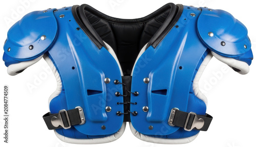 Blue professional football shoulder pads featuring silver rivets and black straps isolated transparent background image