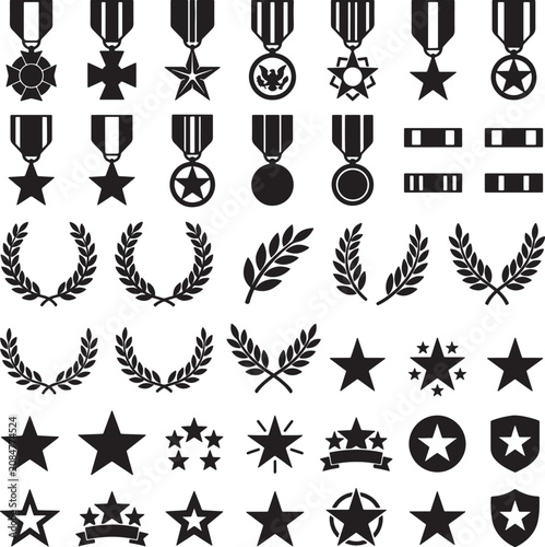 Schilderij op canvas Army and navy award icons set featuring various medals star badges laurel wreaths for military service recognition black silhouettes on background