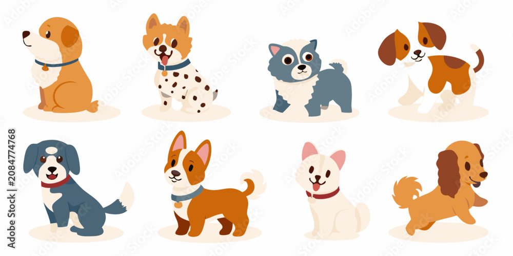 Fototapeta premium cartoon dog breeds collection in colorful vector style on white background illustration canine puppy animal pet funny adorable cute design graphic