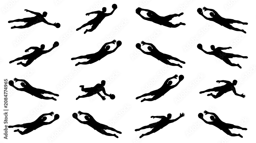 Fototapeta premium Silhouette Goalkeeper Diving Catching Ball, Sports Action, Isolated on White Background