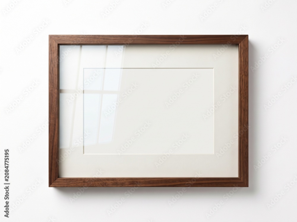 Fototapeta premium Walnut wood picture frame mockup, horizontal wooden photo frame on white wall, blank art poster