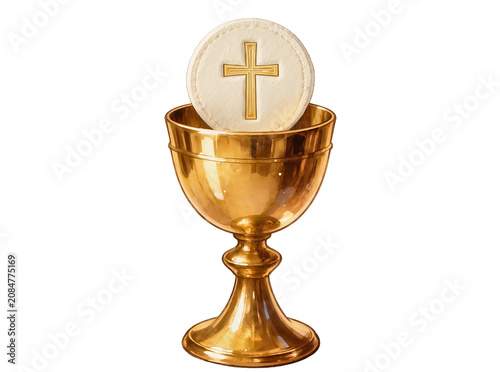 Foto Isolated golden chalice with a communion host featuring a cross, symbolizing Chr