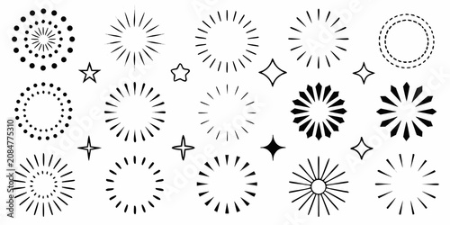 collection of sunburst rays sparkles and explosions vector illustration pattern burst radiant stars dotted dashed circle ellipse graphic design icon symbol