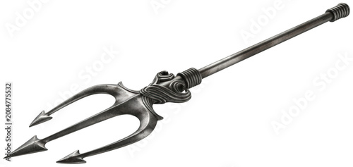 Detailed dark metallic trident with ornate design, standing as a powerful isolated transparent background image