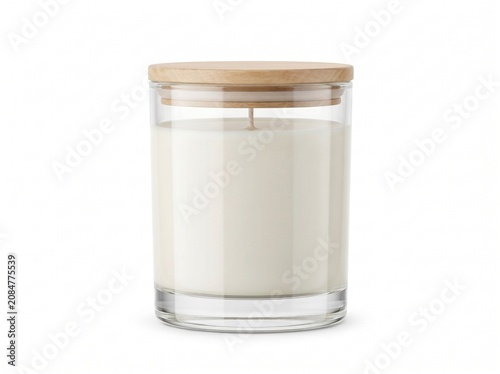 Minimalist soy candle in glass jar with wooden lid, white scented candle, home fragrance mockup