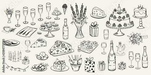 hand drawn culinary and party illustrations in black and white food drink cake wine cheese dessert glassware flowers gifts candles plate