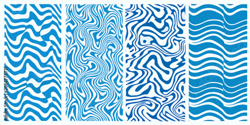 four panels of blue and white wavy liquid pattern abstract design vector artwork graphic modern flowing curved lines shapes visual effect