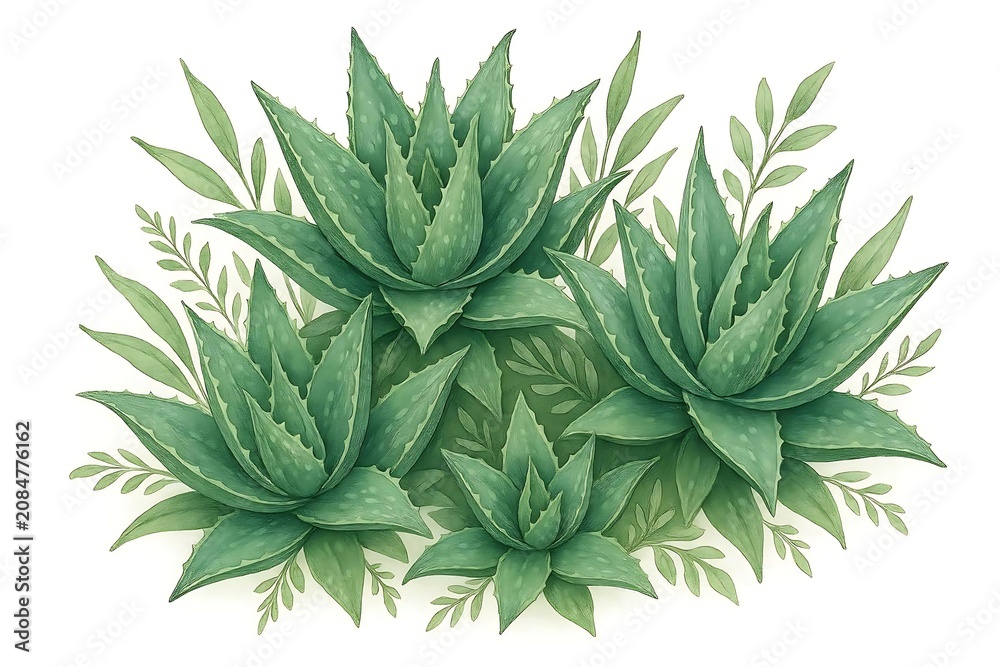 Fototapeta premium Decorative cluster of aloe vera plants with layered succulent leaves illustration