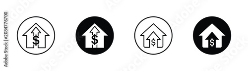 Картината върху платно House with dollar sign and upward arrow icon set, outline and solid black style in circle frame for real estate value, mortgage and home price increase symbol