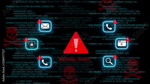 Cyber security breach alert featuring digital warning signs and system kernel panic error codes on a dark background, for network protection, and information technology, threat detection concept 