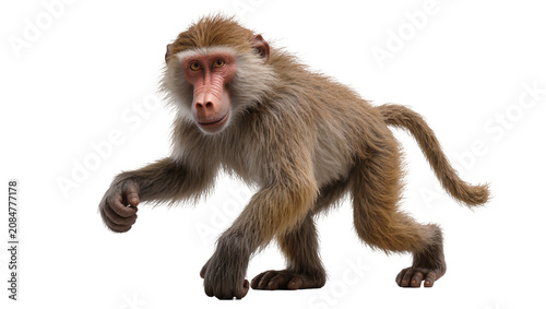Fotografía Isolated baboon walking, a large primate with brown fur and a distinctive pink face