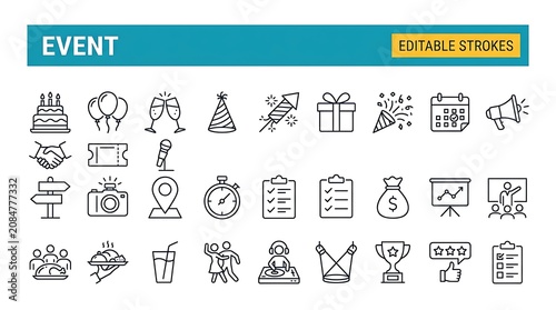 Foto Event flat icons set with editable strokes depicting celebrations and achievemen
