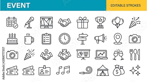Event outline icons set with editable strokes on a white background