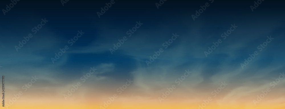 Fototapeta premium Gradient sky background with dark blue to orange hues and soft clouds vector