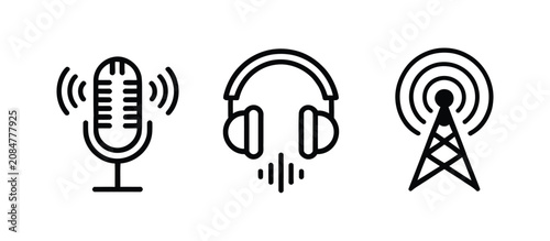 Canvas-taulu Microphone, headphone, radio tower, and audio sound outline icon set, vector ill