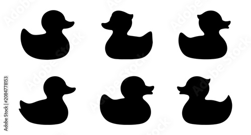 Obraz na plátně Rubber duck silhouette set, collection of six black bath toy vector icons, isola