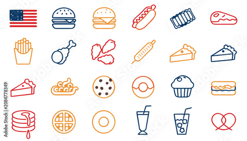 Tableau sur toile American fast food icons in linear style with a flag and sweet treats during a c