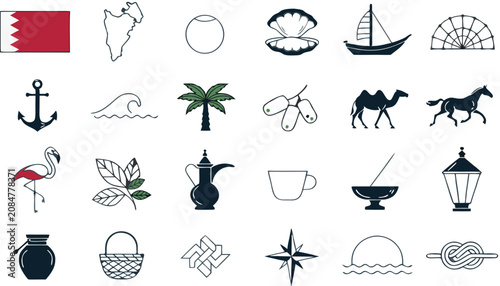 Foto Bahrain Culture Icons Set With Flag And Dhow Sailboat Against White Background