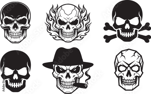 Skull vector set with flaming skull, gangster skull, pirate emblem and cracked skull collection