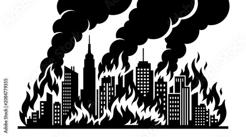 Obraz na plátně City skyline engulfed in flames and smoke.
