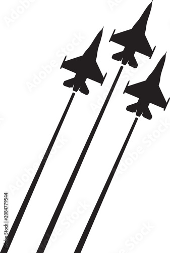 Set of military jet planes silhouettes with smoke trails isolated on transparent background for air show or aviation themed graphic projects.