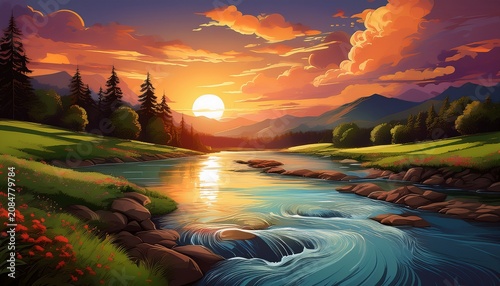 Sunset Over The River Hd K Wallpaper Stock Photographic Image