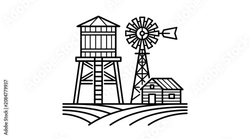 a black and white line drawing of a farm with a windmill and water tower.