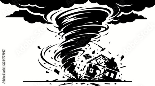 Tornado destroying a house with debris.