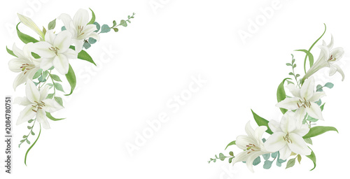 White Lily Flowers Corner Frame with Eucalyptus on Transparent Background - Wedding and Floral Design Element300dpi
