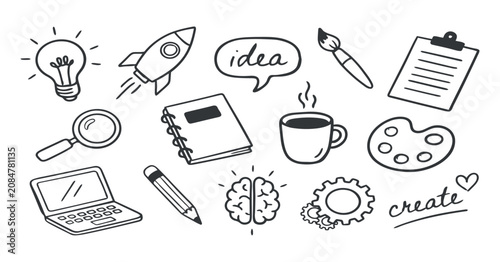 Фотография Sketch style collection of objects including lightbulb rocket and brain