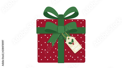 Christmas gift box, wrapped present, red polka dots, green ribbon, holiday decoration, gift tag isolated on White Background EPS