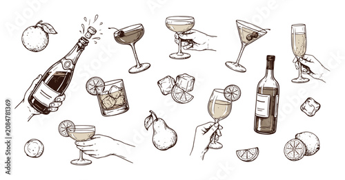 Bild auf Leinwand Sketch Illustration Of Alcoholic Beverages And Citrus Fruits
