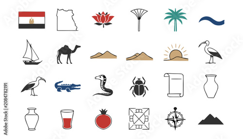 Fotografie Collection of Egyptian cultural symbols and landmarks in a flat design style