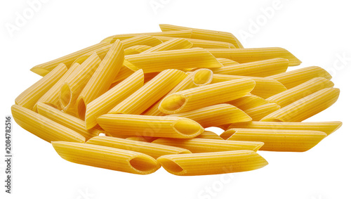 Bild auf Leinwand Isolated pile of uncooked Italian penne rigate pasta noodles, a versatile ingred