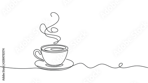 Minimalist continuous line drawing of hot beverage cup with saucer and rising steam, abstract single stroke artwork, modern contour illustration for coffee, tea, warmth, and lifestyle decor