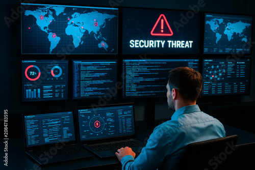 SOC Analyst Monitoring Cyber Security Threats in Command Center