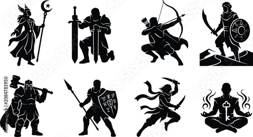 Fotografie Fantasy RPG Character Silhouette Bundle with Warrior Archer Mage Rogue and Guard