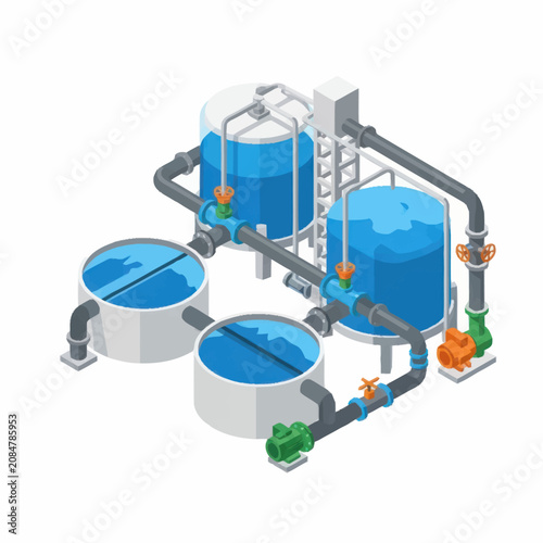 Industrial water treatment plant isometric illustration.