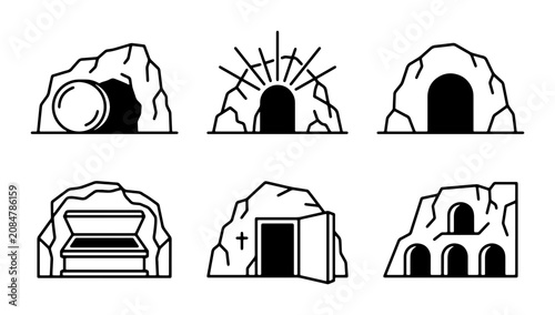 Quadro su tela Resurrection Tomb Icons, Empty Grave Symbols, Stone Cave Entrance Vector Graphic