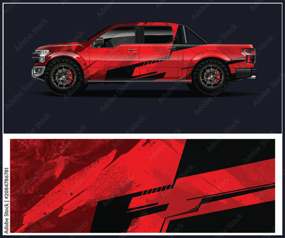 Fototapeta premium Dynamic Red Truck Wrap Design for Modern Vehicle Advertising