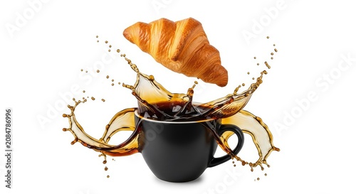 Golden croissant floats gracefully over a dark ceramic mug while dynamic swirls of coffee splash around in a surreal and magical display, floating, roast, whimsical