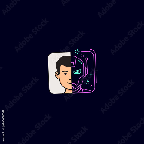 Conceptual vector graphic of a split face combining a realistic human male profile with a glowing neon robotic counterpart