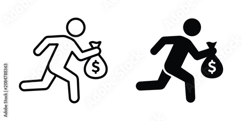 Canvas Print Running thief with money bag icon in outline and solid style