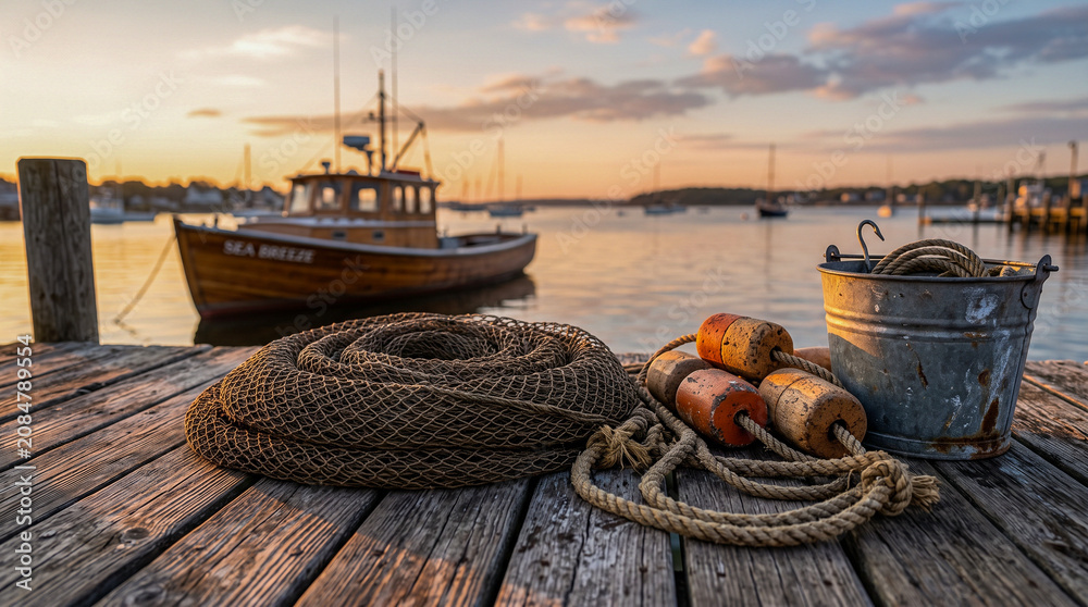 Obraz premium Red de pesca artesanal sobre un muelle tradicional con ambiente marinero auténtico.