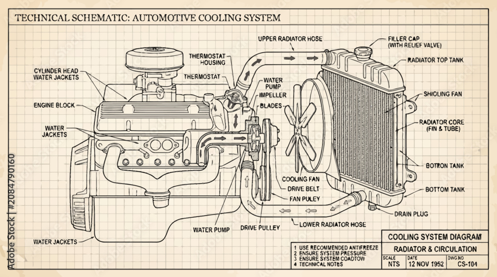 Obraz premium Technical Schematic Automotive Cooling System Diagram