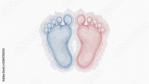 Watercolor illustration of baby footprints in blue and pink
