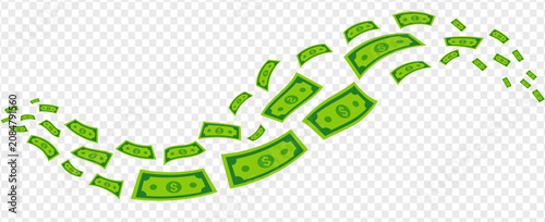 Canvastavla Falling dollar banknotes money rain flat vector background for finance, business