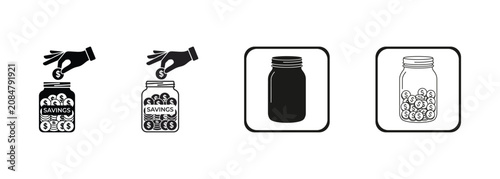 Принти на полотні Hand dropping coin into savings jar icon set, solid outline black style with mason jar and coins in four variations for personal finance and money storage symbol