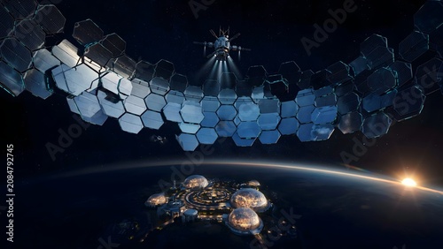 Advanced Space Technology and Satellite Network in Earth's Orbit during Sunrise