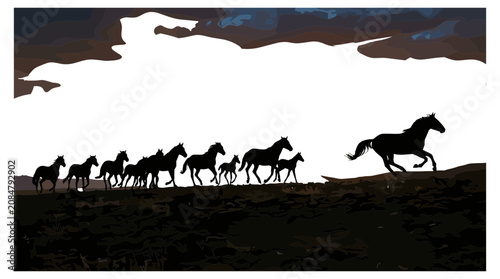 Photos Horse and Dinosaur Silhouette Battle Scene with Layered Landscape, Prehistoric S
